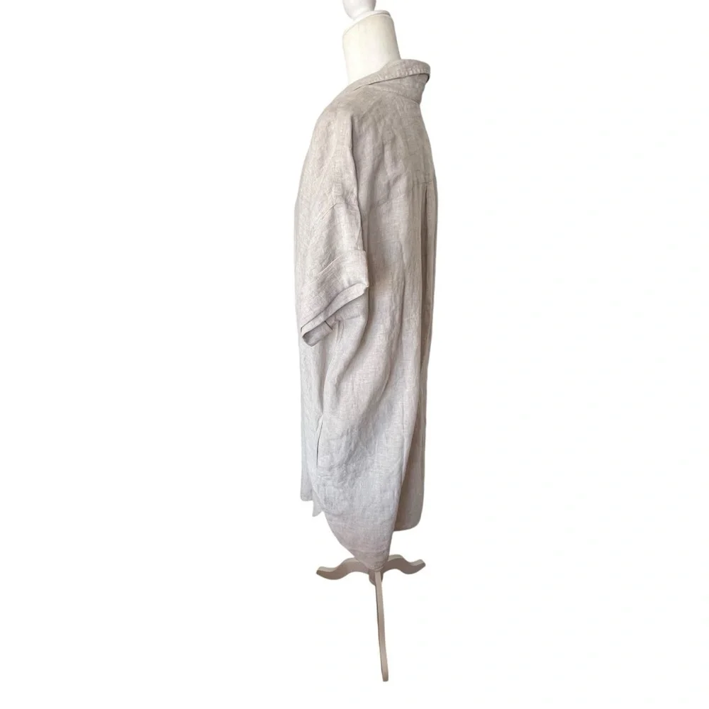 Button-Front Tie Waist Linen Dress in Light Beige
